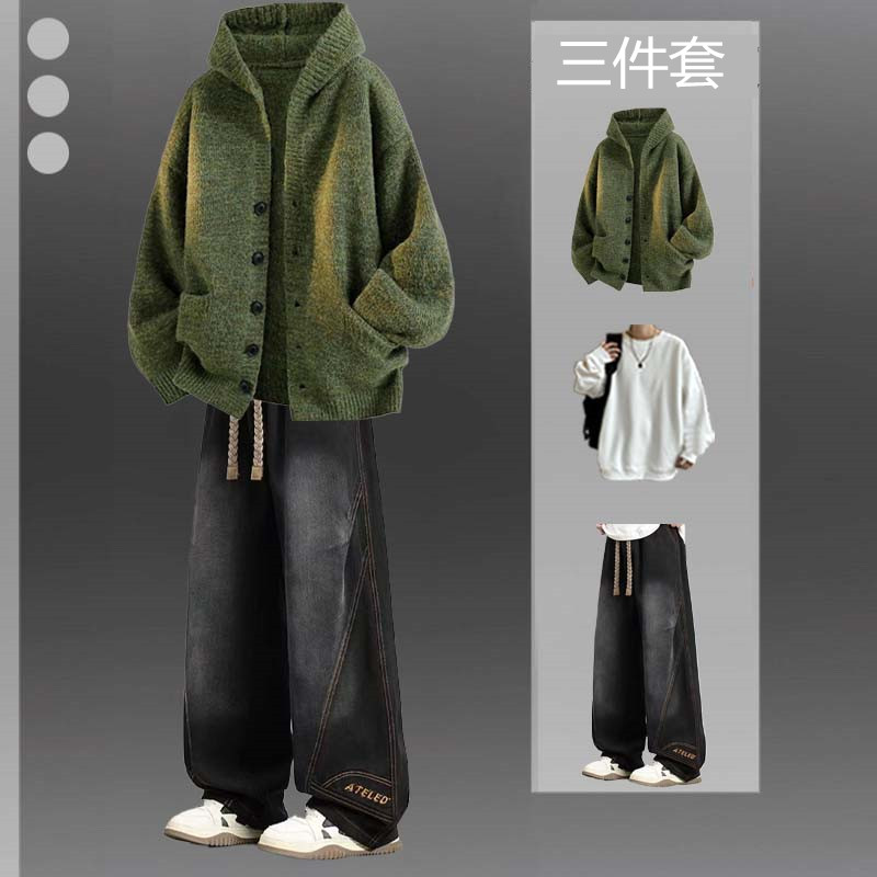 慵懒风针织开衫三件套