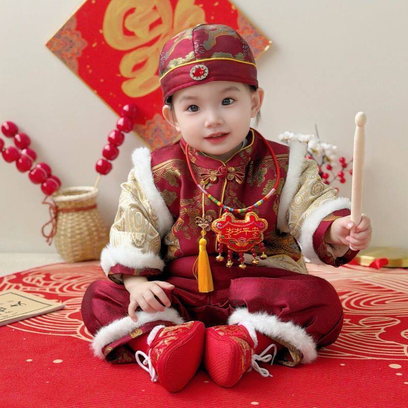 宝宝拜年服冬季加绒婴儿唐装男百天周岁抓周礼服男儿童加厚周岁服