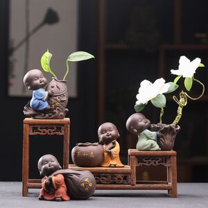 新中式禅意小和尚摆件紫砂精品茶宠家居花器水培花瓶可养茶具配件