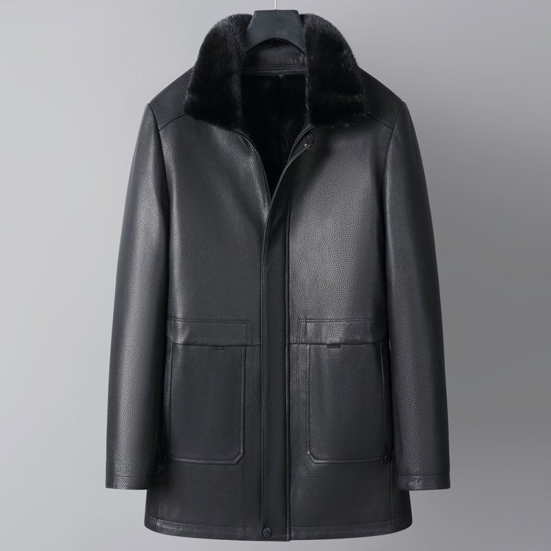 山羊皮衣男士冬季中长爸爸款可拆卸水貂内胆皮毛一体中年真皮外套