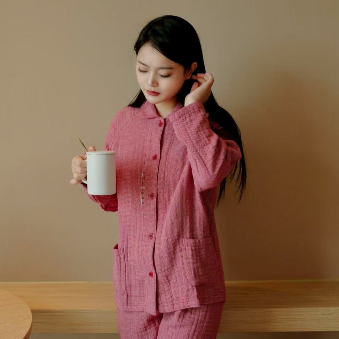 無印四层纱A类四层纱纯棉女士纯色睡衣透气四季款可外穿家居服