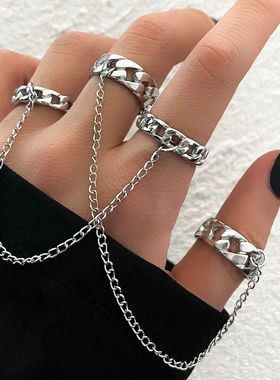 Fashion Punk Cool HipHop Tassel Chain Open Rings Set Women M