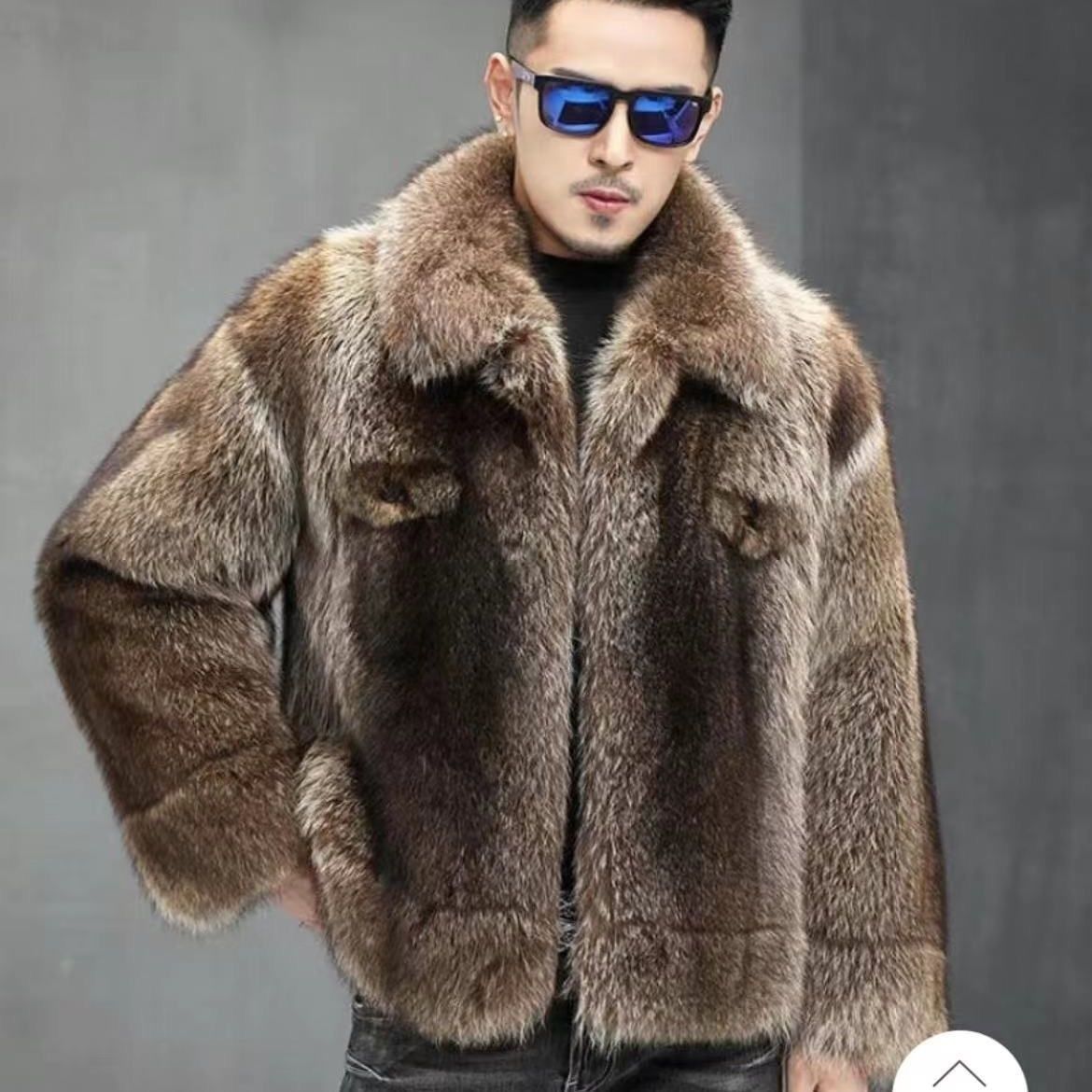 进口美洲貉皮毛一体男款貉皮大衣短款浣熊毛年轻时尚皮草外套潮款