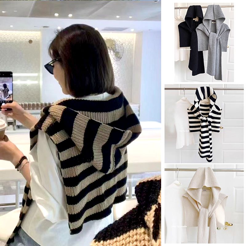 条纹披肩帽秋冬连帽针织帽子新款围巾一体百搭毛线帽保暖围脖薄款