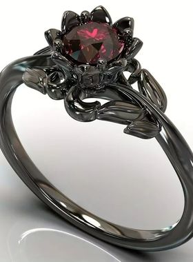 Charm Black Color Flower Round Rings for Women Red Stone Rin
