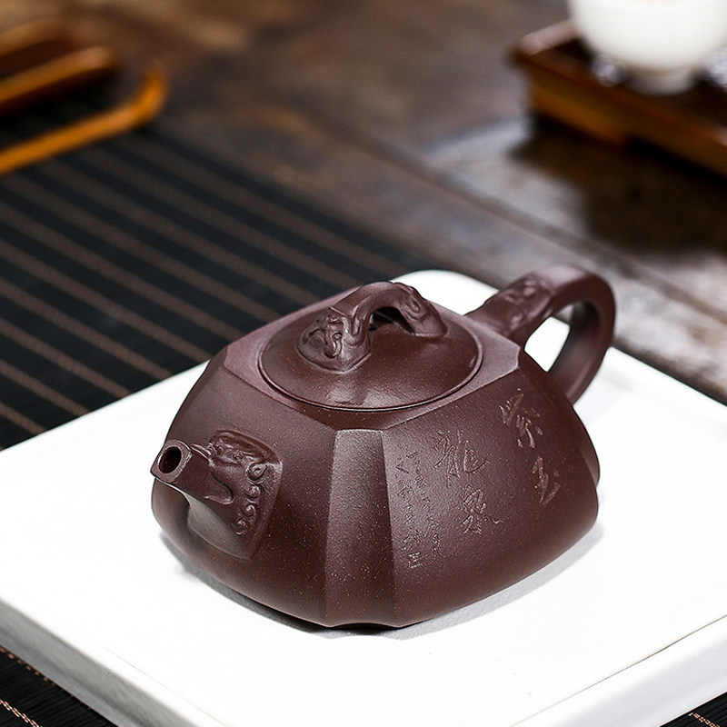 宜兴茶壶名家全手工紫砂壶原矿老紫泥四方抽角手绘中式石瓢单壶