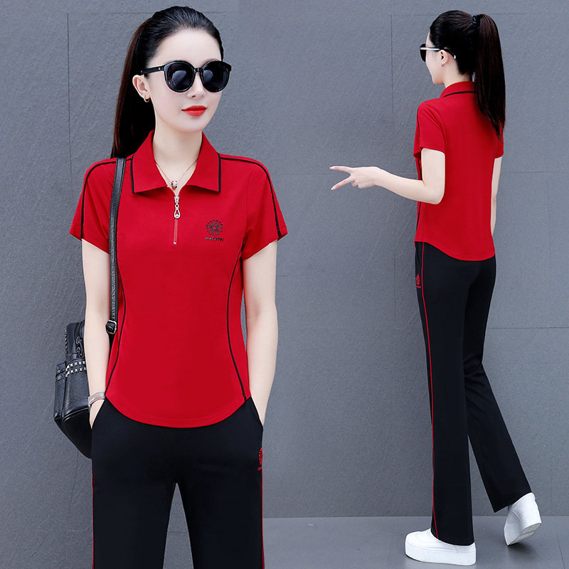 年轻妈妈运动套装女夏季2026新款时尚大码冰丝运动服薄两件套红色