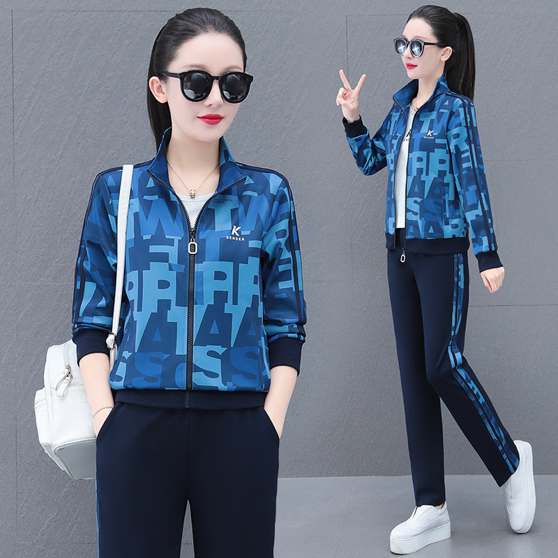 休闲运动套装女春装2026新款时尚减龄立领卫衣开衫大码跑步三件套