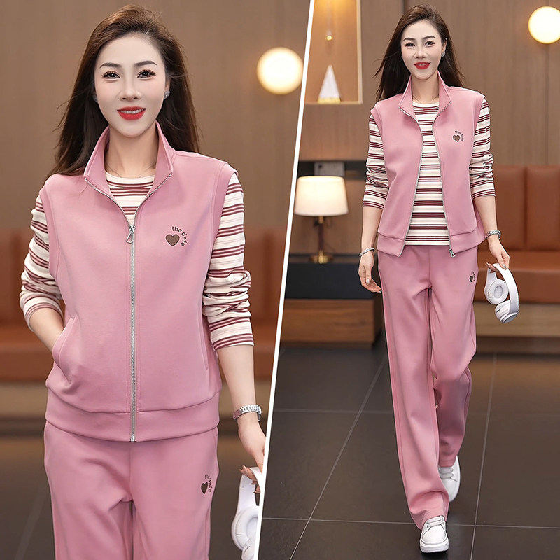 时尚休闲运动套装女2026春季新款立领拉链显瘦三件套
