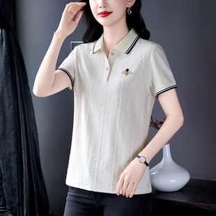 撞色POLO领短袖T恤女夏薄款刺绣蜜蜂显瘦商务休闲上衣