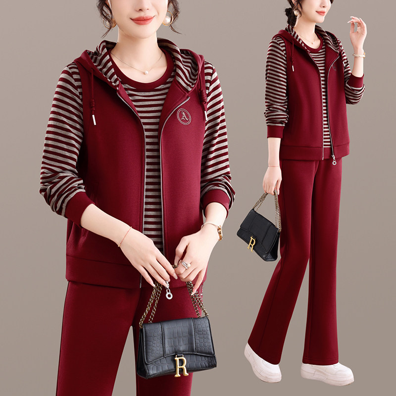 2026春季女士休闲运动套装连帽拉链三件套条纹大码