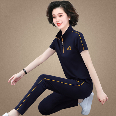 中年妇女妈妈夏装短袖套装洋气