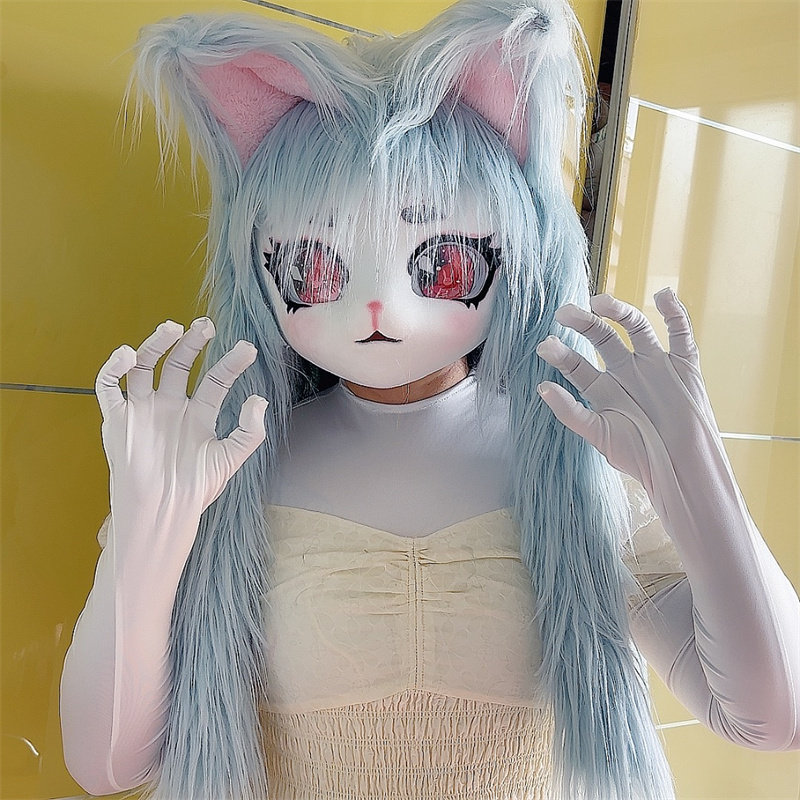 长发猫狗兽头kig兽装fursuit可穿戴人偶头套可爱大耳朵造型furry图片