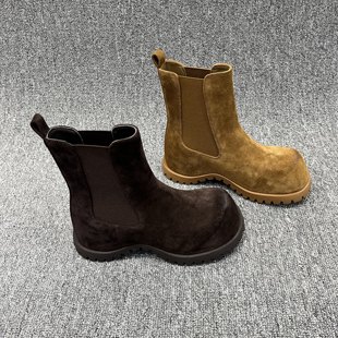 欧洲站2025秋冬新款 坡跟短靴真皮切尔西靴女欧货复古内增高马丁靴