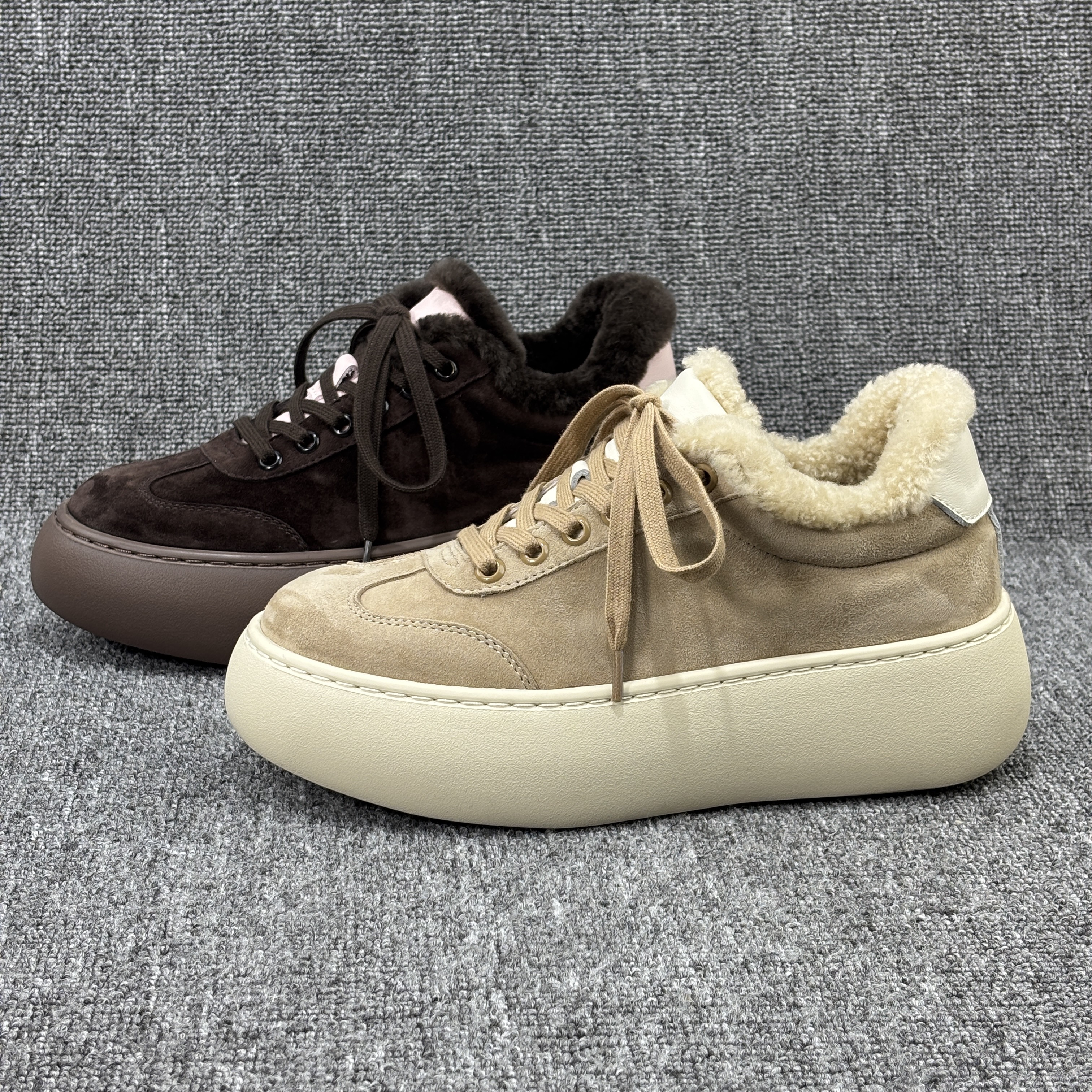 欧洲站爆款2025冬季新款真皮加绒德训鞋女厚底增高毛毛鞋保暖棉鞋