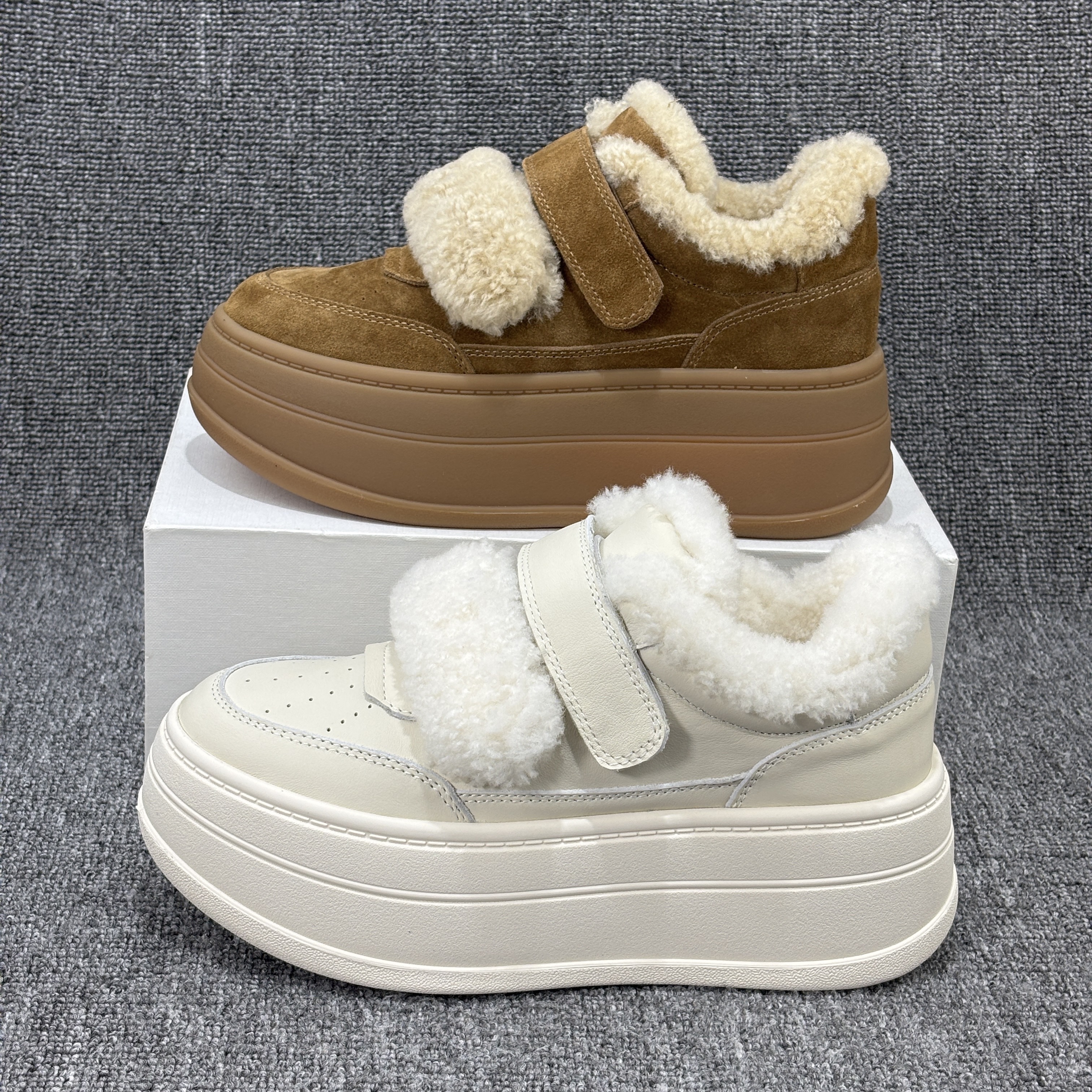 欧货2025新款保暖棉鞋女魔术贴真皮增高加绒厚底板鞋欧洲站毛毛鞋