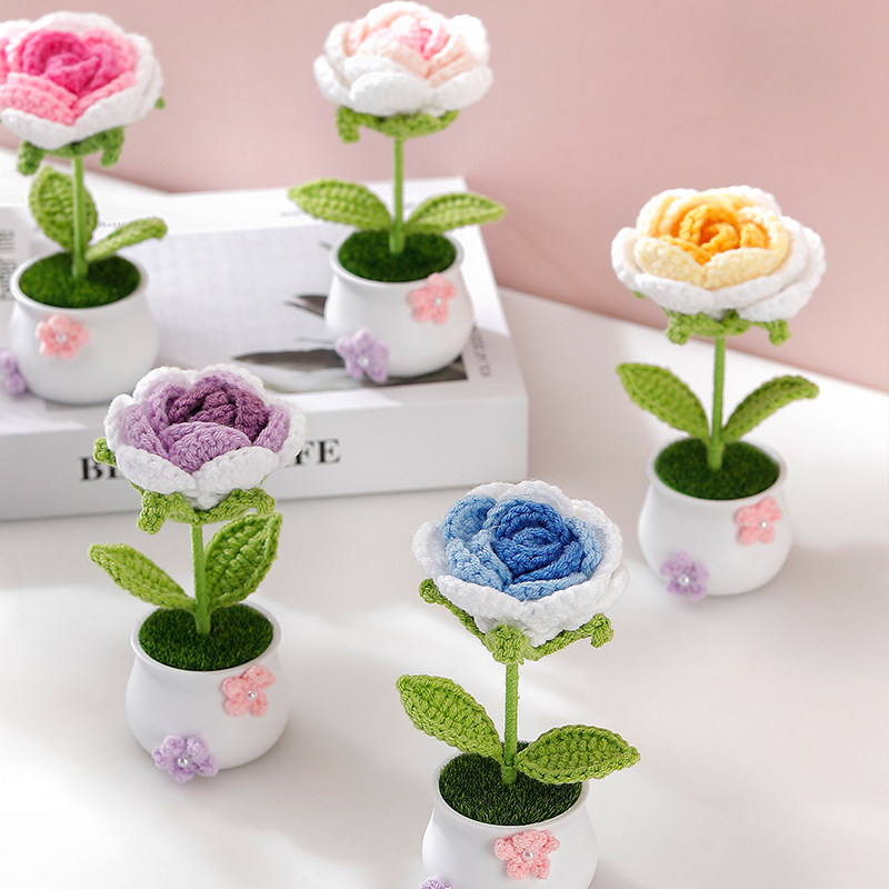成品手工编织玫瑰盆栽毛线钩织仿真花情人节七夕送闺蜜教师节礼物,服饰配件/皮带/帽子/围巾,DIY编织材料包,淘宝优惠券,粉丝福利购,淘宝优惠卷