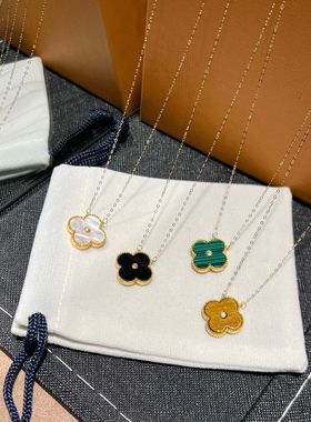 纯18K耳四叶草带钻项坠au750彩金双轻奢小众锁骨链吊坠女款水贝金