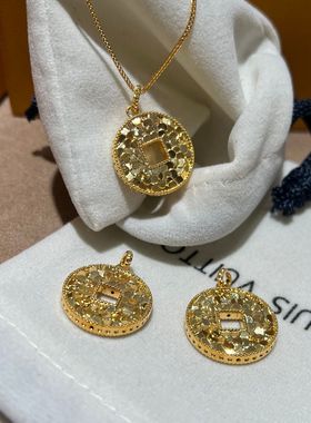 纯18k碎冰冰铜钱币au750彩金百搭轻奢复古高级感小众项饰吊坠