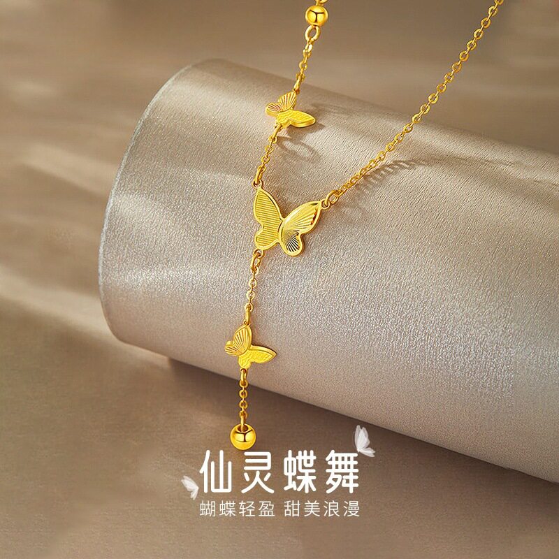 24k蝴蝶套链连体流苏吊坠金包银项链锁骨链挂坠送女友礼物时尚潮