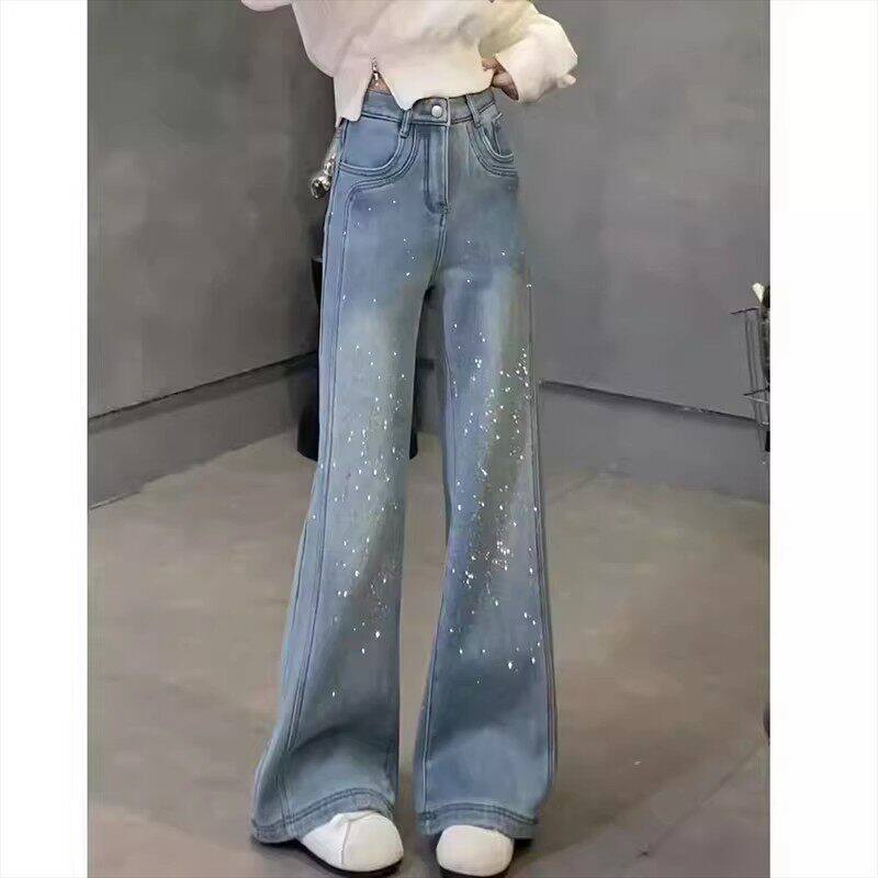 thumbnail for 满天星烫钻微喇牛仔裤女2026年夏季新款大码胖mm高腰显瘦阔腿裤子