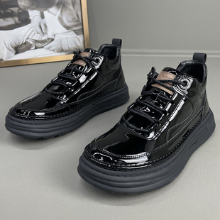 男鞋春秋季新款漆皮豆豆鞋商务休闲真皮亮面中帮一懒人脚蹬男皮鞋