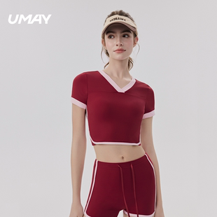 UMAY佑美健身套装女士V领撞色短袖上衣裤子瑜伽网球运动服两件套
