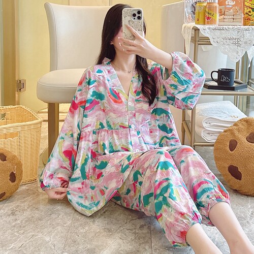 女棉绸开衫睡衣套装大码