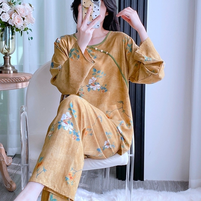 新中式棉绸睡衣女春夏长袖人造棉绵绸薄款宽松家居服国风套头装夏