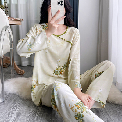 新款棉绸睡衣女春夏套头款可外穿新中式国风人造棉绵绸家居服套装