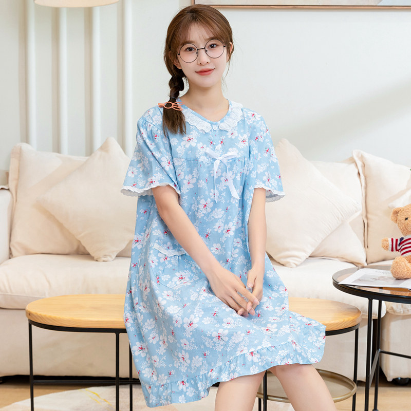 女士全棉短袖连衣裙夏季纯棉睡裙梭织棉斜纹布薄款宽松睡衣家居服