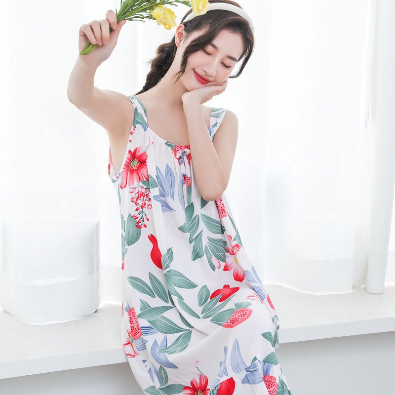 夏季新款人造棉睡衣女睡裙凉感家居服吊带无袖裙棉绸学生薄款宽松