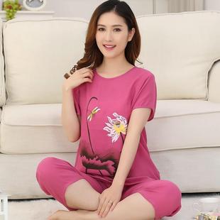 短袖 丝麻棉绸家居服可出门外穿 七分裤 睡衣女夏棉麻中老年妈妈装