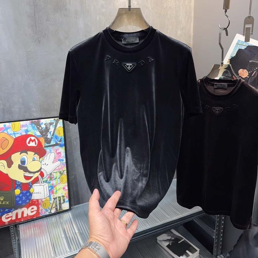 秋冬新款品质轻奢欧货个性金丝绒压花字母磨毛加厚短袖打底男T恤
