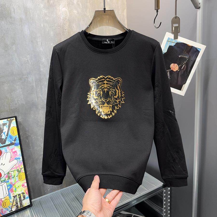 断码清仓~欧货轻奢个性简欧修身亮片老虎男长袖加绒卫衣圆领T恤