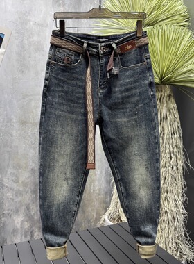 秋冬厚款男士弹力修身牛仔裤轻奢极简压花水洗怀旧时尚欧洲站男装