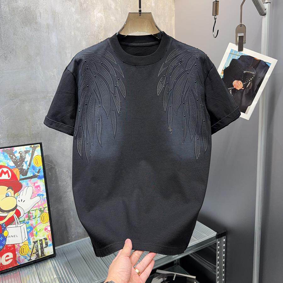春夏新款美式欧潮重磅纯棉磨破烫钻翅膀男圆领宽松个性短袖T恤