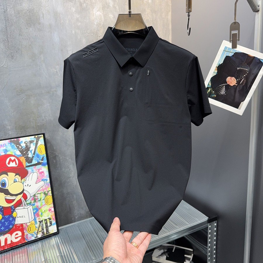 欧洲站夏季新款轻奢欧货个性压胶无缝极简男短袖翻领修身品质T恤