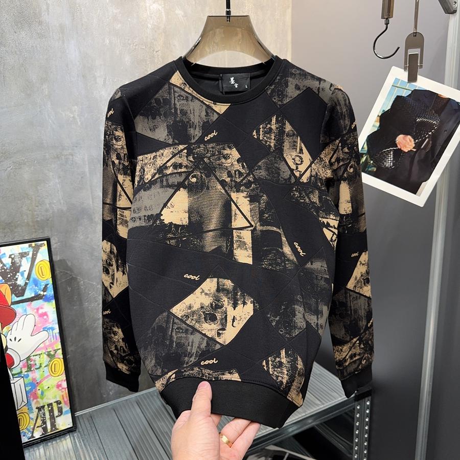 断码清仓~春秋欧货轻奢个性简欧烧花印花修身男长袖卫衣圆领T恤