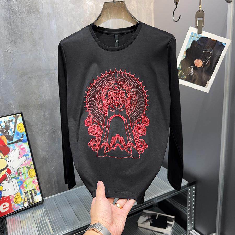 清仓特价~轻奢欧货高级感极简刺绣超薄长袖T恤男圆领修身打底