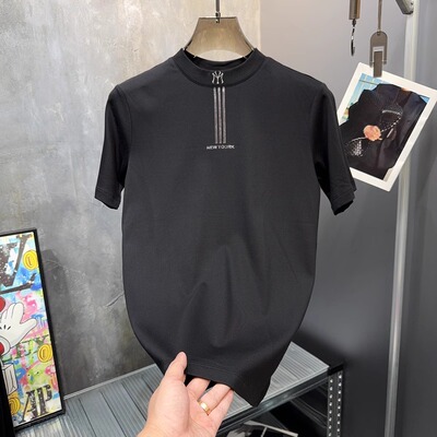 清仓捡漏~轻奢欧货高级感极简刺绣加厚短袖T恤男圆领修身打底