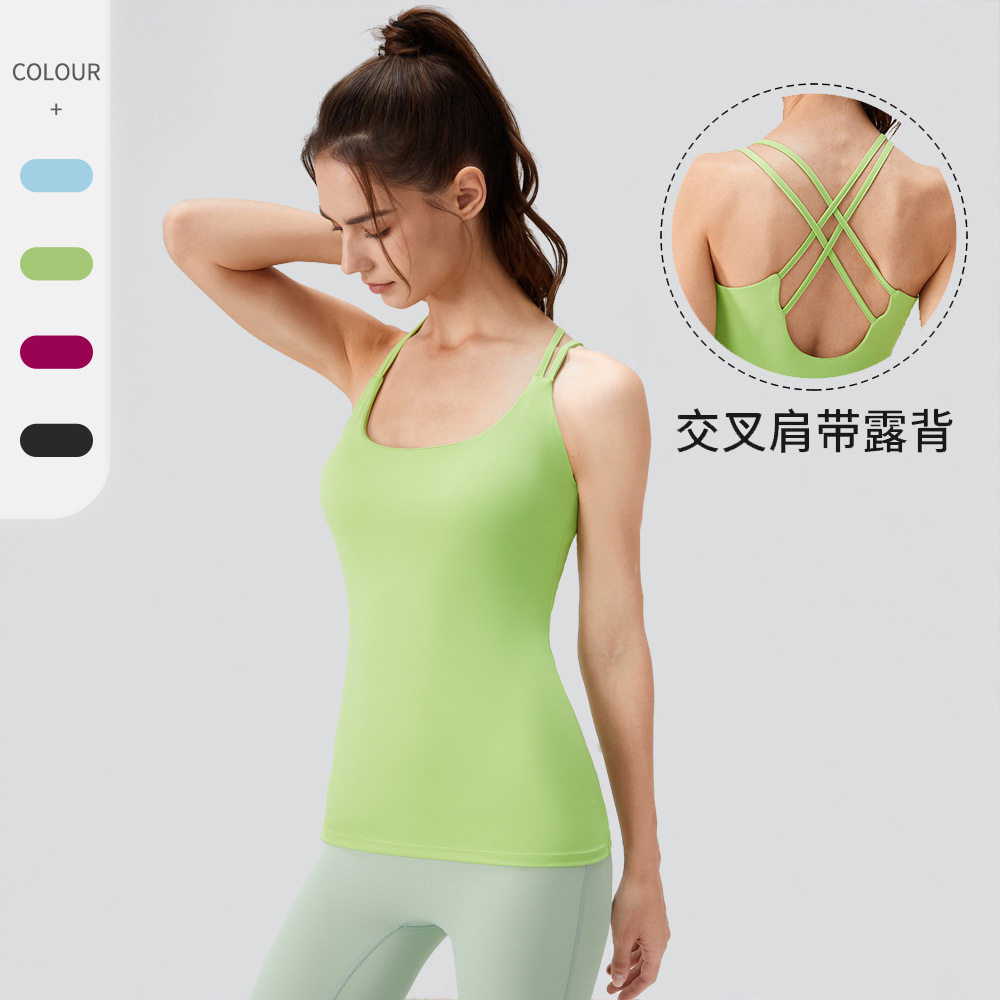 瑜伽服背心女长款带胸垫防震跑步健身背心紧身裸感运动上衣露背背