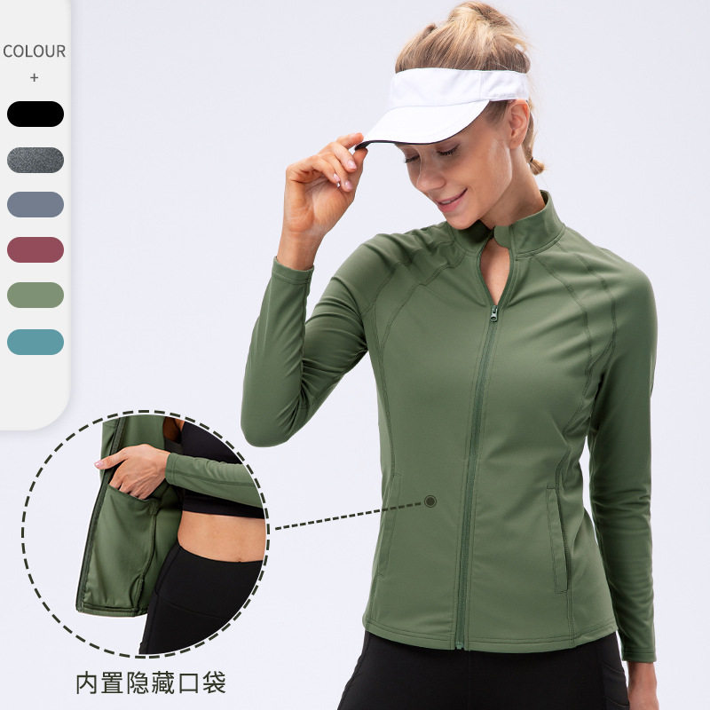 女秋冬新款瑜伽外套锦纶运动服 紧身弹力跑步拉链健身衣长袖氨纶