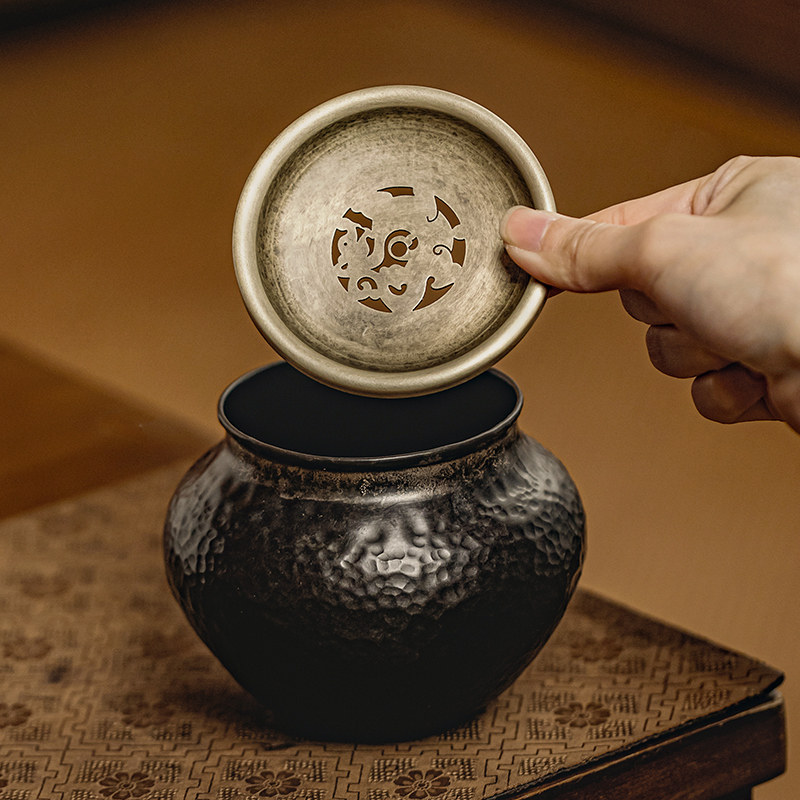 紫铜锤纹建水纯铜鎏银茶洗茶渣缸