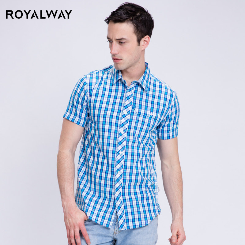 ROYALWAY休闲短袖衬衫男夏季纯棉开衫翻领亲肤透气百搭格子衫衬衣