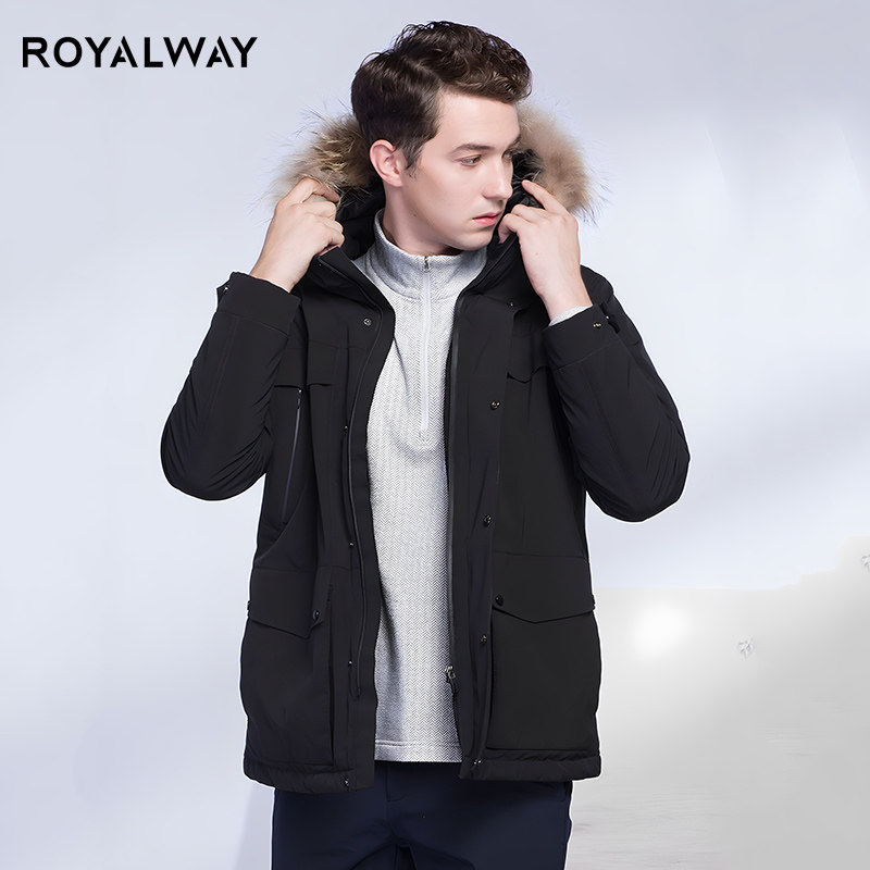 ROYALWAY羽绒服男中长款90绒毛领