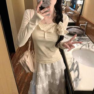 打底衫 bm风辣妹修身 上衣 t恤女早秋收腰短款 芭蕾风碎花假两件长袖