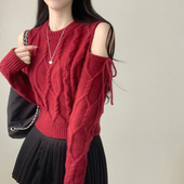 百搭上衣辣妹绑带毛衣打底衫 港味风格 女春秋冬新款 针织衫 露肩长袖