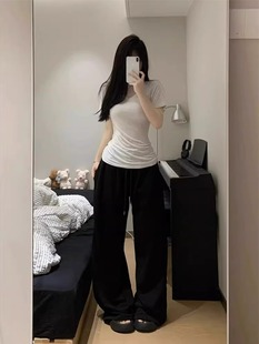 超显瘦垂感正肩收腰V领短袖 小心机辣妹T恤女 T恤夏季 打底基础修身