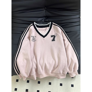 美式 卫衣女春秋甜美宽松蕾丝拼接设计感休闲ins上衣潮 印花V领长袖